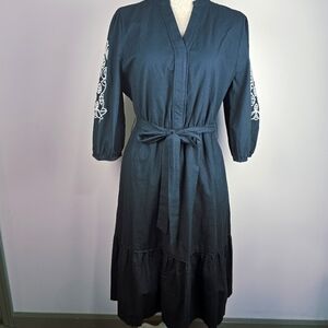 Draper James Black Dress with White Embroidery On Arms Pockets Women's  Medium